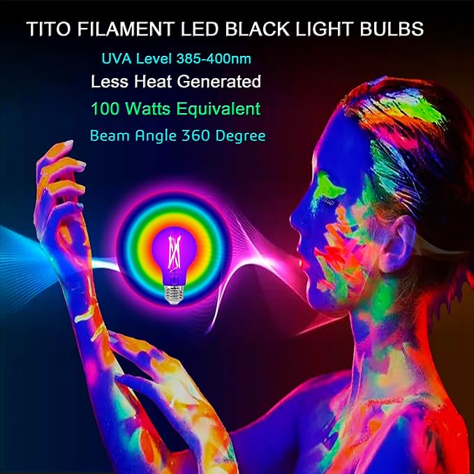 TITO 2 Pack E26 A19 Dimmable Filament LED Black Light Bulbs, UVA 395nm 6W Blacklight Bulb 100W Equivalent, Black Light Bulb Glow in Dark Halloween Christmas Party Fluorescent Posters Decor Display