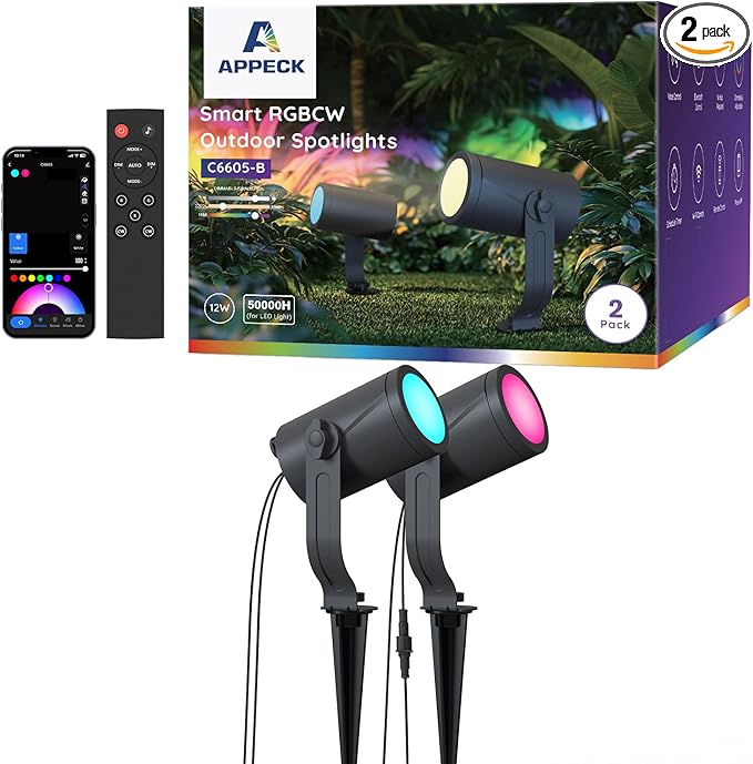 APPECK Smart Outdoor Spot Light 600lm, RGBCW+IC Color Changing Landscape Lights 2 Pack, IP65 Waterproof Low Voltage Landscape Lighting, App/Voice Control for Garden Pathway Yard Christmas Decor