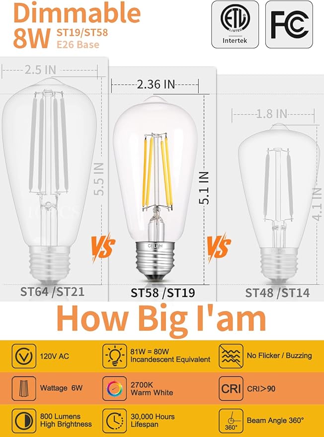 CRLight 8 Pack Vintage Dimmable LED Edison Bulbs, 2700K Warm White 8W 800LM Equivalent 80W Incandescent, E26 ST58 = ST19 Clear Glass Antique Decorative Filament Light