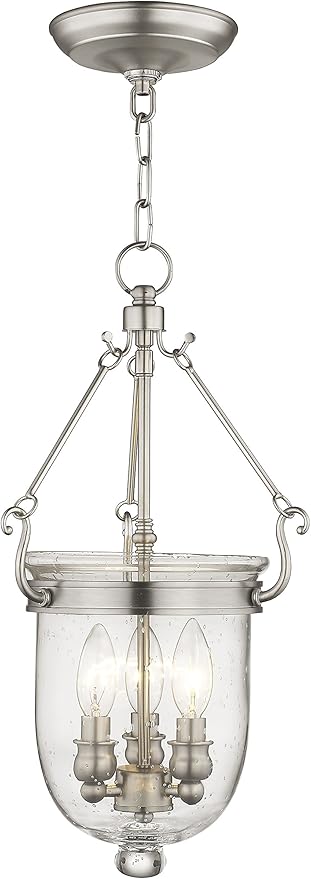 Livex Lighting 5083-91 Jefferson 3 Light Brushed Nickel Bell Jar Hanging Lantern with Seeded Glass