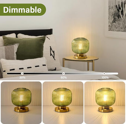Small Green Glass Table Lamp: Mid Century Modern Dimmable Nightstand Lamps - Vintage Decor Brass Desk Lamp With Plug - Ribbed Glass Bedside Tables Lamps for Bedroom Living Room Office Bulb Excluded