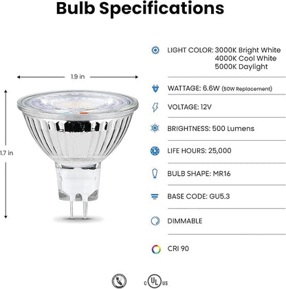 Feit Electric MR16 LED Reflector Light Bulb, 50W Equivalent, Dimmable, GU5.3 Base, 90+ CRI, 500 Lumen, Adjustable Color Track Lighting, 25,000-Hour Lifespan, BPEXN/3CCTCA/3/6, 18-Pack