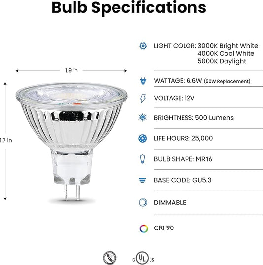 Feit Electric MR16 LED Reflector Light Bulb, 50W Equivalent, Dimmable, GU5.3 Base, 90+ CRI, 500 Lumen, Adjustable Color Track Lighting, 25,000-Hour Lifespan, BPEXN/3CCTCA/3/6, 18-Pack