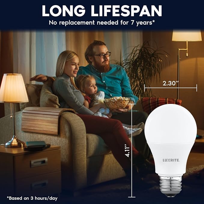 LUXRITE A19 LED Light Bulb 60 Watt Equivalent, Non Dimmable, CRI80, 2700K Warm White, 800LM, Standard LED Light Bulbs 8W, E26 Base, Enclosed Fixture Rated, Damp Rated, ETL Listed (8 Pack)