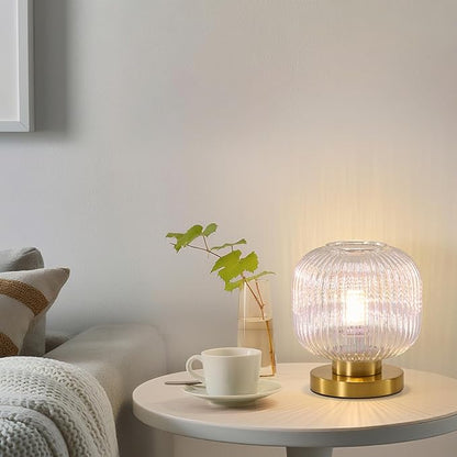 Dimmable Small Glass Table Lamp: Mid Century Modern Nightstand Light With Stained Shade - Small Decorative Brass Desk Lamp - Ribbed Glass Bedside Tables Lamps for Bedroom Living Room Bulb Excluded