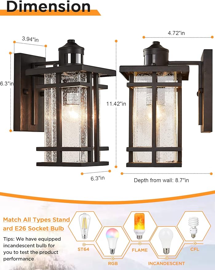 Motion Sensor Outdoor Wall Light Dusk to Dawn Outside Wall Sconce with Seeded Glass Exterior Light Fixtures Wall Mount 3 Modes Motion Activated Outdoor Porch Wall Lantern IP65 Waterproof Black