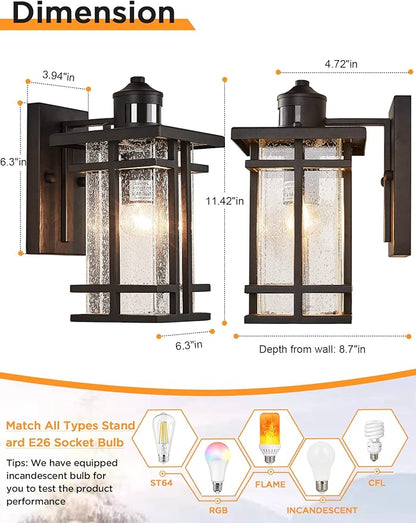 Motion Sensor Outdoor Wall Light Dusk to Dawn Outside Wall Sconce with Seeded Glass Exterior Light Fixtures Wall Mount 3 Modes Motion Activated Outdoor Porch Wall Lantern IP65 Waterproof Black