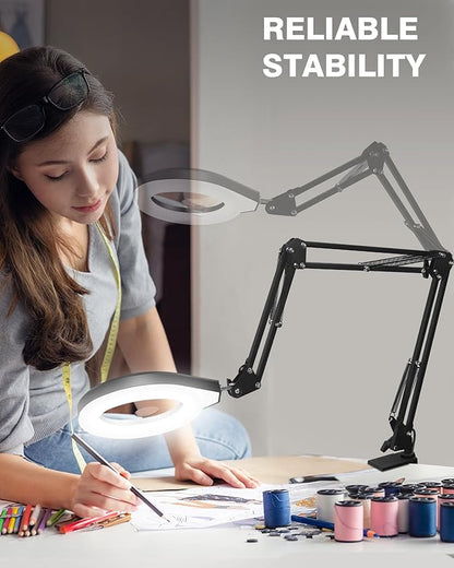 10X & 5X Magnifying Glass with Light, Ultra Long Swing Arm, 5 Colors & 10 Brightness, Real Glass Lens Large Magnifying Lamp for Craft Painting Workbench Jewelry Making Hobby Close Work (Pink)