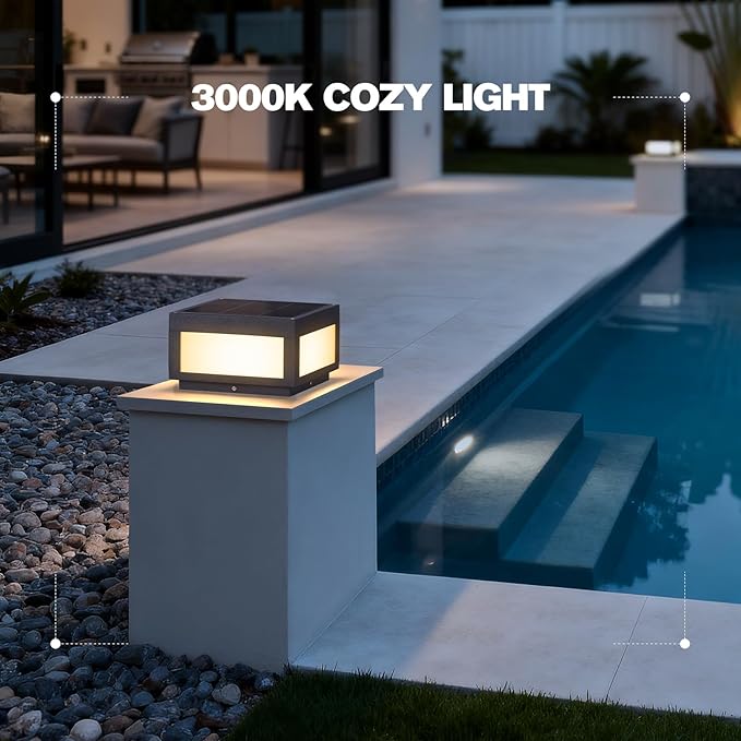 9.84" Solar Post Lights, 3000K LED Solar Pillar Lights Outdoor, IP54 Waterproof Outdoor Lamp Post Light, Dusk to Dawn Column Lighting for Posts Fence Outside Entrance Yard Patio Driveway