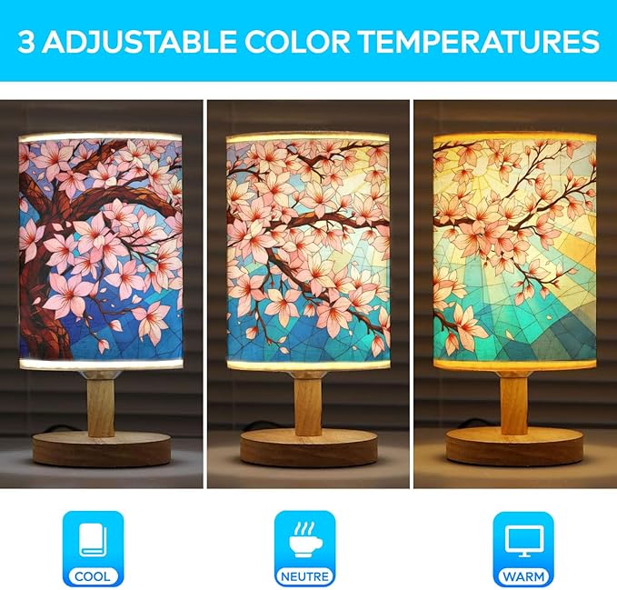 Cherry Blossom Table Lamp LED 3-Color Pressed Bedside, Cherry Blossom Shade Lamp with Wood Base for Bedroom Living Room Desk Office TL01