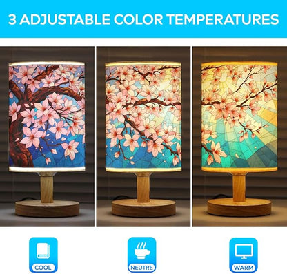 Cherry Blossom Table Lamp LED 3-Color Pressed Bedside, Cherry Blossom Shade Lamp with Wood Base for Bedroom Living Room Desk Office TL01