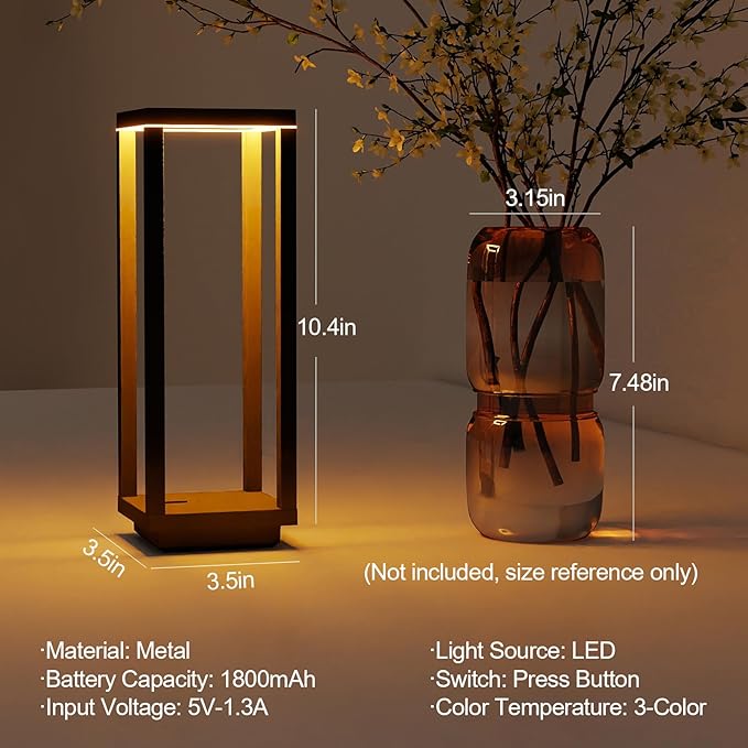 2 Pack Cordless Table Lamp Rechargeable, IP55 Waterproof, 60h Runtime Protable Outdoor Table Lamps, 3 Color Stepless Dimming Battery Powered Table Lamp for Dinner/Restaurant/Bedroom/Cafe