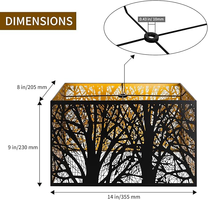 Metal Large Rectangular Lampshade For Table Lamp Floor Lamps,8"×14"×9" Black Outside Gold Inside Replacement Forest Rectangle Lamp Shade Spider Fitter