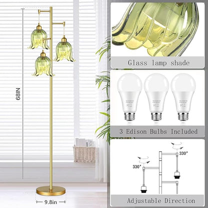 Gold Floor Lamp for Living Room,Bedroom,Tree 3 Light Standing Lamp Mid Century Modern Brass Tall Floor Lamps Vintage Retro Floor Lights Green Glass Flower Lamp Shade Farmhouse Boho Bohemian