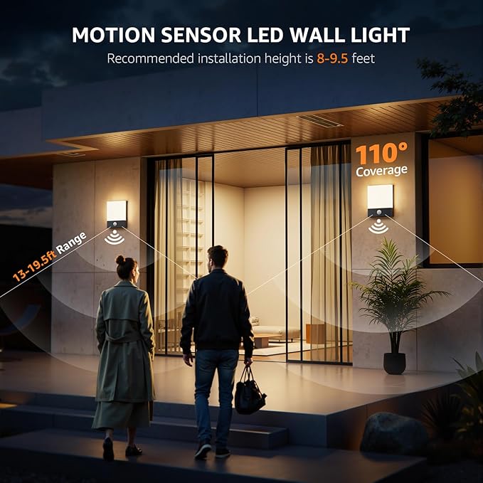 Aoceeley Modern Outdoor Led Wall Light with Motion Sensor,24W 3000K Porch & Patio Light,Exterior Hardwired Wall Light Fixtures,IP65 Waterproof Square Wall Lamp for Garage, Front Door(Black,2-Pack)