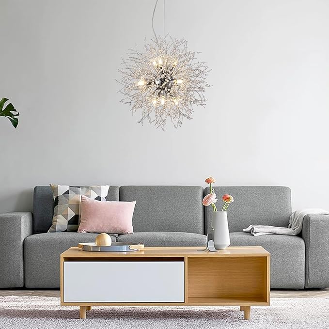 Modern Dandelion Chrome Chandelier, 9 Lights Firework Crystal Chandeliers for Entryway, Sputnik Crystal Pendant Ceiling Light Fixture for Hallway, Dining Room