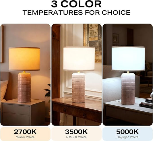 Modern Ceramic Table Lamp Set of 2, Bedside Lamp for Bedroom Decor, Nightstand Lamp with 3 Color Temperatures, Desk Light for Living Room Dorm Office, Pink