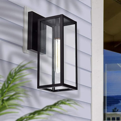 MICSIU Black Outdoor Wall Light Fixture 2 Pack, Clear Glass Exterior Wall Sconce Modern with E26 Base Socket, 13.75 Inch Outside Lights for House, Yard, Shop, Doorway, Pathway, Balcony