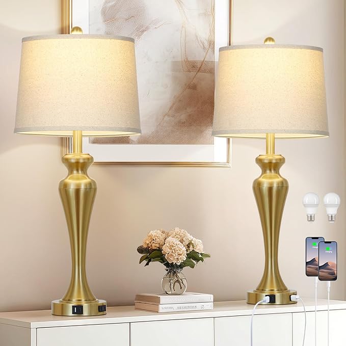 30" Gold Table Lamps Set of 2, 3-Way Dimmable Touch Lamps for Nightstand with USB A+C Ports and AC Outlet, Tall Bed Side Lamp for Living Room, Modern Brass Lamp for Bedroom Side End Table