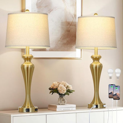 30" Gold Table Lamps Set of 2, 3-Way Dimmable Touch Lamps for Nightstand with USB A+C Ports and AC Outlet, Tall Bed Side Lamp for Living Room, Modern Brass Lamp for Bedroom Side End Table