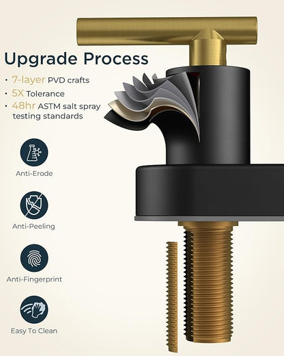 FORIOUS 4 in Black and Gold Bathroom Faucet Centerset, 2 Handle Matte Black Swivel Faucet for Bathroom Sink 2 or 3 Hole with Pop Up Dain Assembly and cUPC Supply Hose, Suitable for Vanity RV Restroom