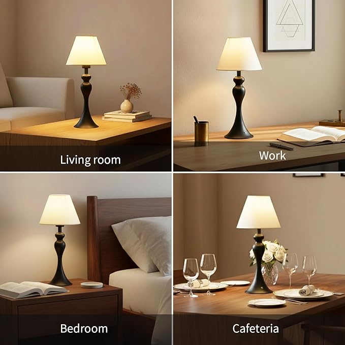 Cordless Table Lamp,Portable Fabric Shade LED Desk Lamps,5200mAh Battery Operated, 3 Color Stepless Dimming Up, for Restaurant, Bedroom,Camping,Coffee Shop,Bar,Night Light(Black)