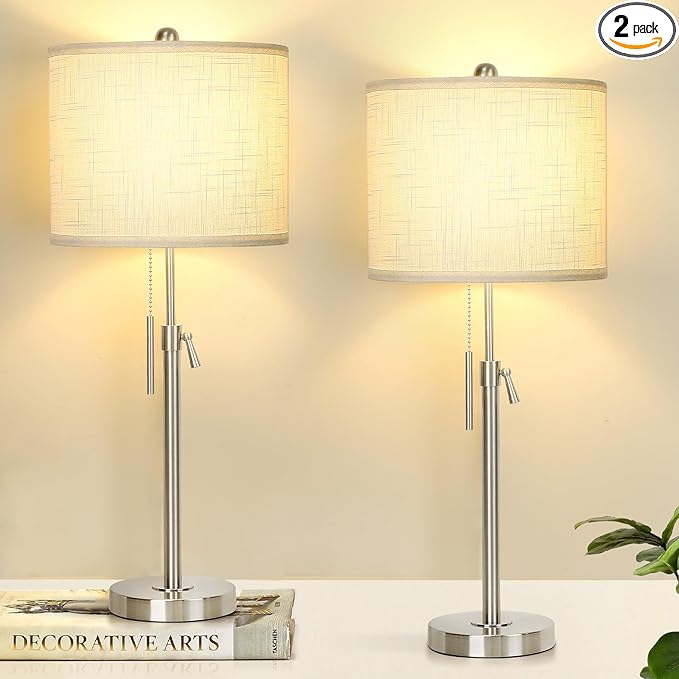 Table Lamps for Bedrooms Set of 2, 22" to 30" Height Adjustable Nightstand Lamps with Linen Shade, Pull Chain Switch Lamps for Living Room, 3 Way Dimmable Beside Lamp