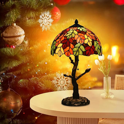 TL0021 Maple Leaves Tiffany Table Lamp Stained Glass Shade Reading Desk Light 12 X 20 Inches for Bedroom Living Room, Handcrafted Art Deco for Home Office, LED Bulb Included (Maple Leaves)