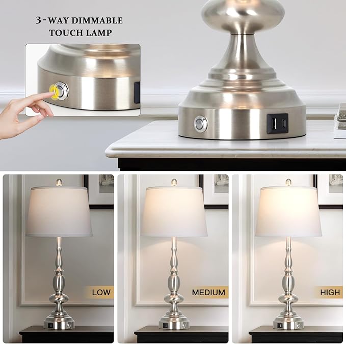 29" Tall Modern Silver Table Lamps Set of 2, 3-Way Dimmable Touch Living Room Lamp with USB A+C Charging Port, Brushed Nickel Metal Farmhouse Bedside lamp for Bedroom Nightstand Side Table Desk Office