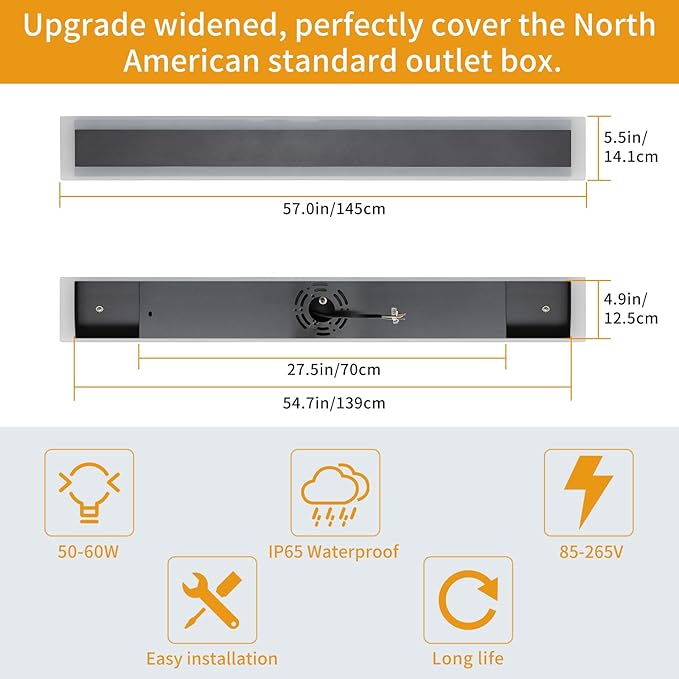 Upgrade Widened 2 Pack LED Outdoor Wall Lights, 57inch Modern Lighting Fixture, 3000K Warm White, IP65 Waterproof, 50W, White Acrylic, Black Minimalist Wall Mount Sconce for Balcony, Yard, Fence
