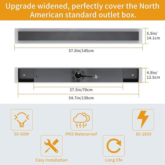 Upgrade Widened 2 Pack LED Outdoor Wall Lights, 57inch Modern Lighting Fixture, 3000K Warm White, IP65 Waterproof, 50W, White Acrylic, Black Minimalist Wall Mount Sconce for Balcony, Yard, Fence