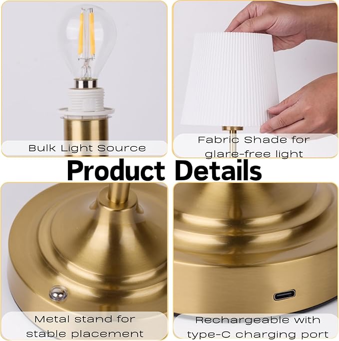 Rechargeable Table Lamp, Cordless Touch Lamps, Portable Desk Light with Stepless Dimmable Brightness & Fabric Shade for Nightstand Bedside Living Room (Gold, Twill)