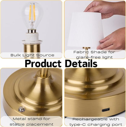 Rechargeable Table Lamp, Cordless Touch Lamps, Portable Desk Light with Stepless Dimmable Brightness & Fabric Shade for Nightstand Bedside Living Room (Gold, Twill)