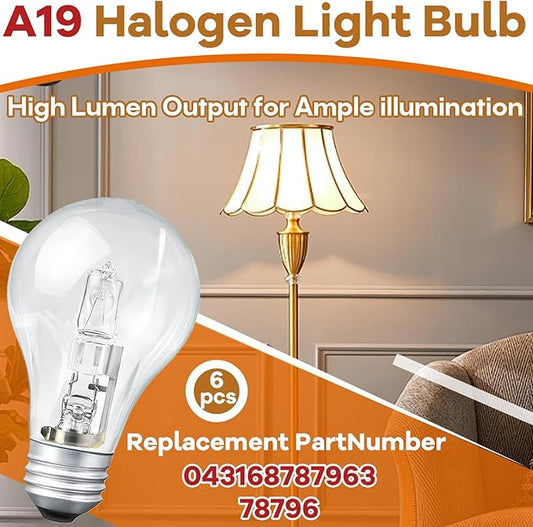 6-Pack 78796&043168787963 Halogen Light Bulbs, 43W A19 E26 Base 120V, 60W Equivalent, Replacement Bulbs for Table Lamps & Enclosed Fixtures