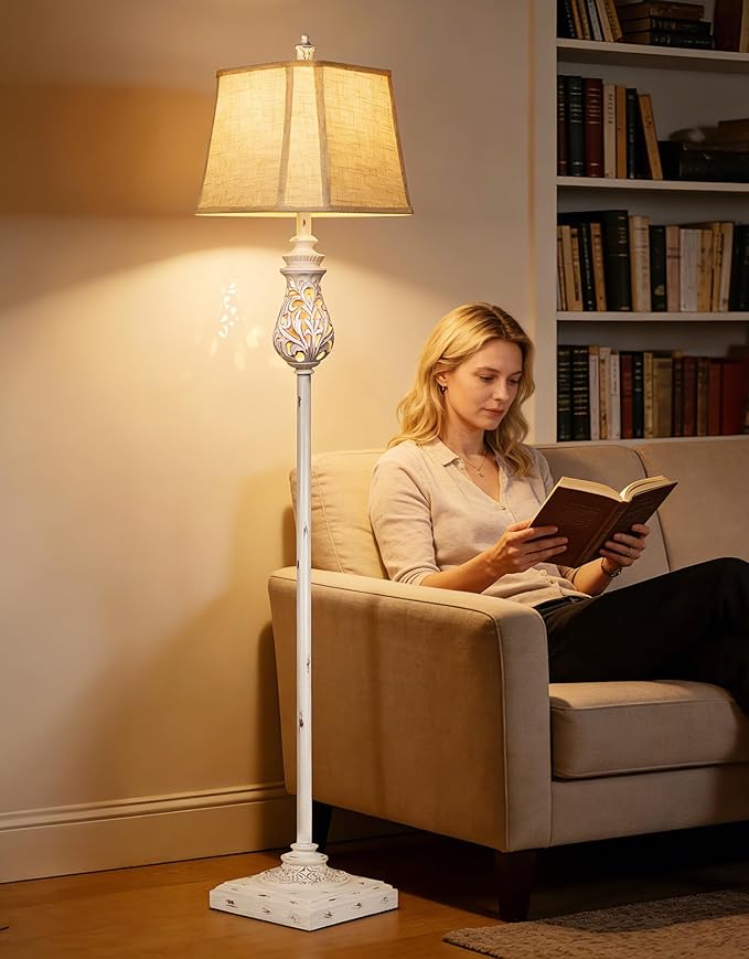 64'' Vintage Floor Lamp with Nightlight, Rustic Farmhouse Tall Standing Lamp with Rotary Switch and Beige Linen Shade for Living Room, Corner, Bedroom, House Decor, Cream White (Bulb Included)