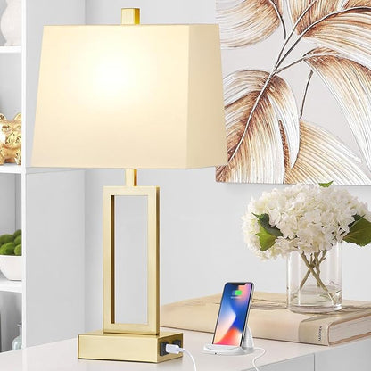 Touch Control Table Lamps Set of 2, Modern Gold Bedside Lamps with USB A+C Ports & AC Outlet, 3 Way Dimmable Contemporary Nightstand Lamps for Bedroom Living Room(LED Bulb Included)