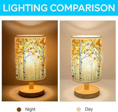 Birch Trees Table Lamp LED 3-Color Pressed Bedside, Birch Trees Shade Lamp with Wood Base for Bedroom Living Room Desk Office