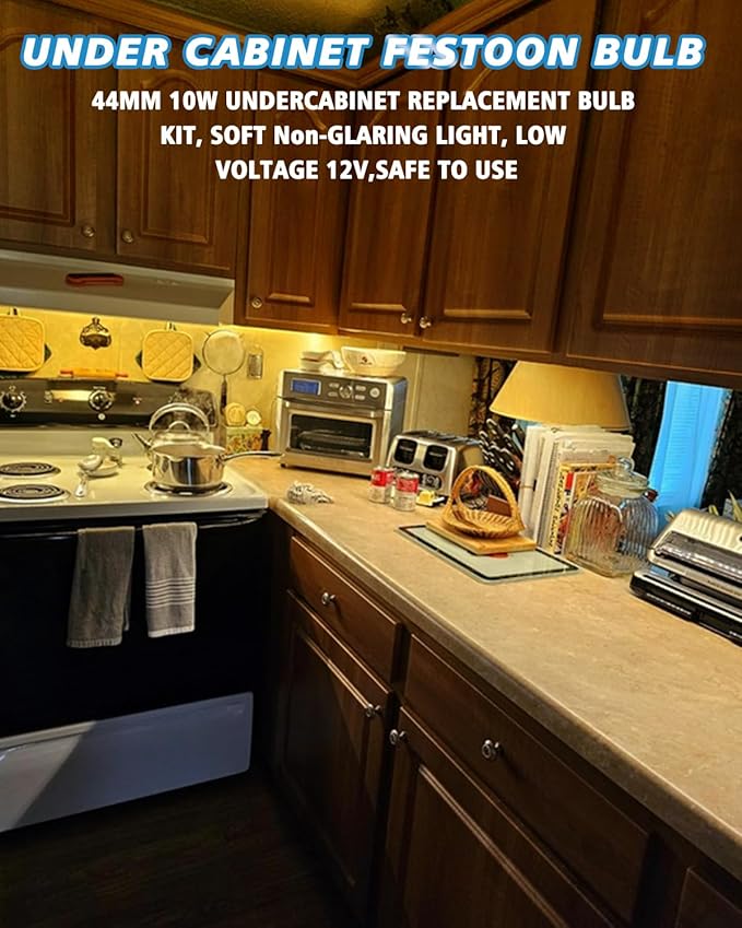 Keiurot Under Cabinet Light Bulbs T3 44MM Festoon 12V 10W Bulb, UnderCabinet Bulb Xenon Festoon Bulbs for Kitchen Boat Marine Ceiling Light Bath2700K,12Pack