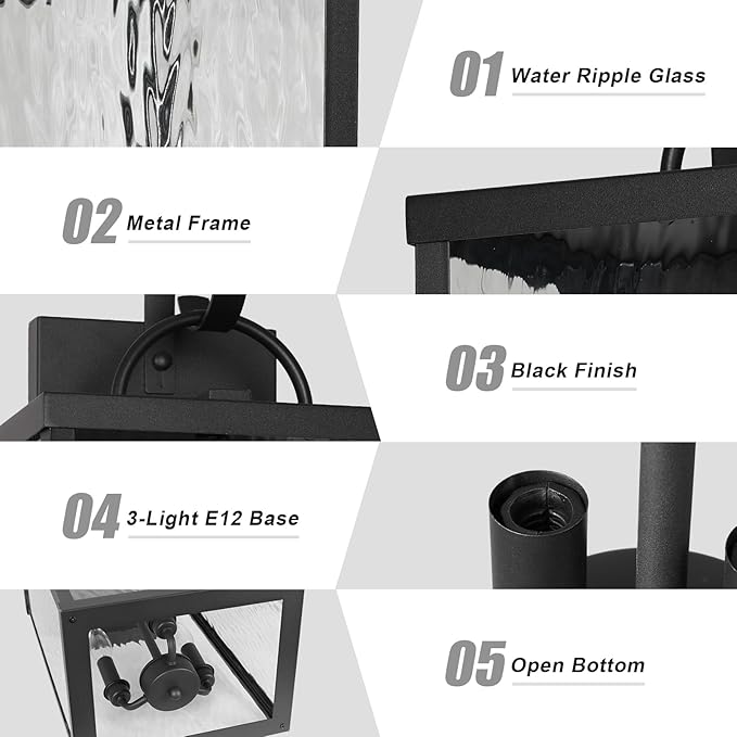 Large Outdoor Wall Light Fixture, 24" Modern Exterior Wall Lantern with Water Ripple Glass, Matte Black Waterproof Wall Sconce Porch Light for Patio, Garage, Front Door, Garden, Yard, Entryway