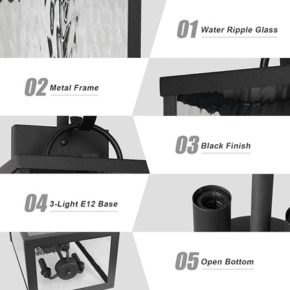 Large Outdoor Wall Light Fixture, 24" Modern Exterior Wall Lantern with Water Ripple Glass, Matte Black Waterproof Wall Sconce Porch Light for Patio, Garage, Front Door, Garden, Yard, Entryway