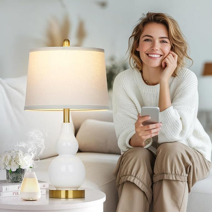 Ceramic Table Lamp for Living Room, 25" Modern Double Gourd Ceramic Lamp for Bedroom White Farmhouse Rustic Classic Bedside Lamp with Round Fabric Shade for Night stand Desk End Tables(Bulb Included)