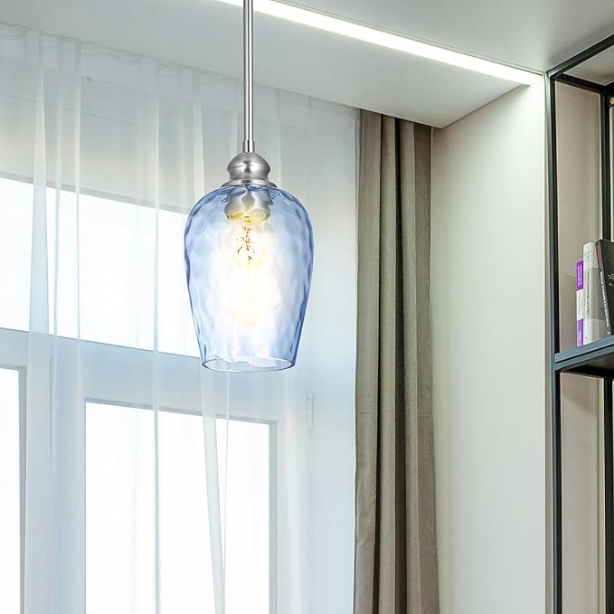 Glass Pendant Lights Kitchen Island, Brushed Nickel Pendant Light Fixtures with Hand-Blown Clear Glass, Modern Hanging Light for Kitchen Sink Dining Room Bedroom, E26 (Blue, 1pack)
