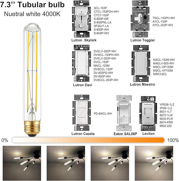Arberlic 7.3 Inch T10 LED Bulb,6W E26 LED Bulb dimmable Equivalent E26 Bulb 60 watt,Neutral White 4000K,600lm,CRI85+,AC120V,Clear Glass Long Tubular Light Bulb,Flicker-Free,Pack of 6