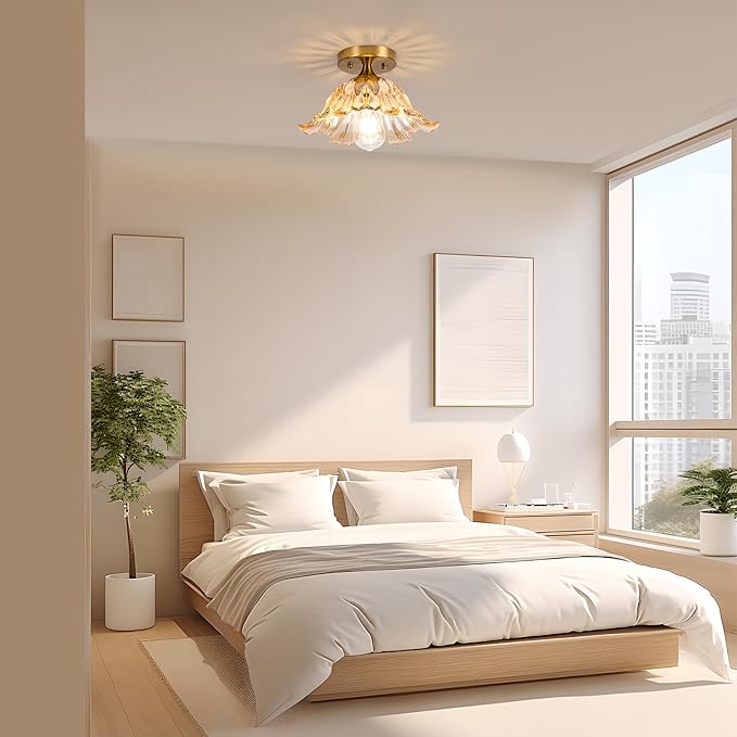 Semi Flush Mount Ceiling Light, Vintage Ceiling Light E26,Amber Shade Glass Hallway Light Fixture for Kitchen Porch Bedroom,Bulb Included 3000K