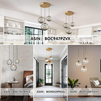 KCO Lighting Modern Gold 3 Light Hanging Pendant Light Large Smoke Glass Globe Cluster Chandelier Brush Brass Kitchen Island Light Fixture Nordic Multi Light Pendant Lighting