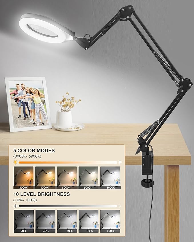 10X & 5X Magnifying Glass with Light, Ultra Long Swing Arm, 5 Colors & 10 Brightness, Real Glass Lens Large Magnifying Lamp for Craft Painting Workbench Jewelry Making Hobby Close Work (Yellow)
