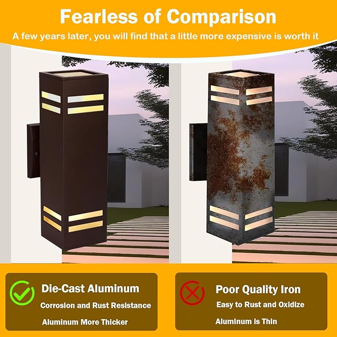 Dusk to Dawn Outdoor Wall Light, Brown Exterior Up Down Lights Outdoor Light Fixture, Porch Lights Wall Mount 2 Pack, IP65 Aluminum Modern Outside Lights for House Front Door, Porch