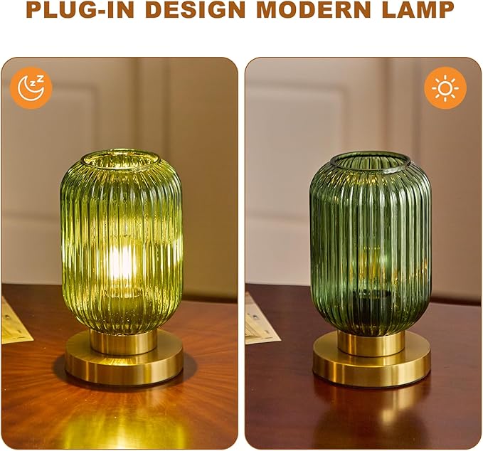 Bedside Table Lamp with Green Glass Shade, Small Nightlight Lamp Elegant Glass Nightstand Lamps Modern Desk Light with Plug-in Style for Bedroom Living Room Tabletop Dia5.9"x H9.8"