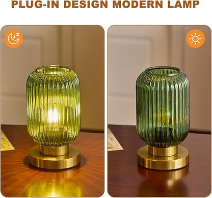 Bedside Table Lamp with Green Glass Shade, Small Nightlight Lamp Elegant Glass Nightstand Lamps Modern Desk Light with Plug-in Style for Bedroom Living Room Tabletop Dia5.9"x H9.8"