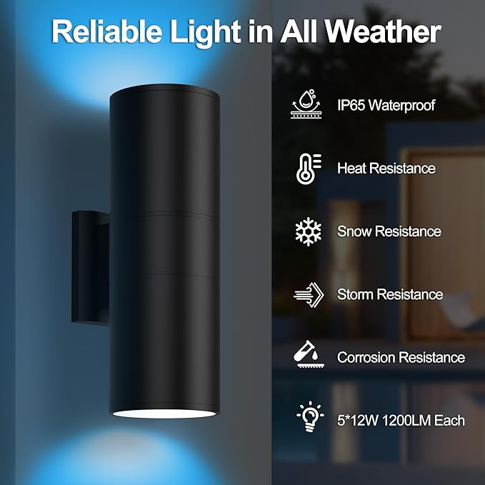 Smart Outdoor Up Down Wall Light, Bluetooth App & Remote Controlled Color Changing Porch Sconce, RGBCW LED 2700K-6500K Tunable White, Dimmable Waterproof Exterior Wall Light for House